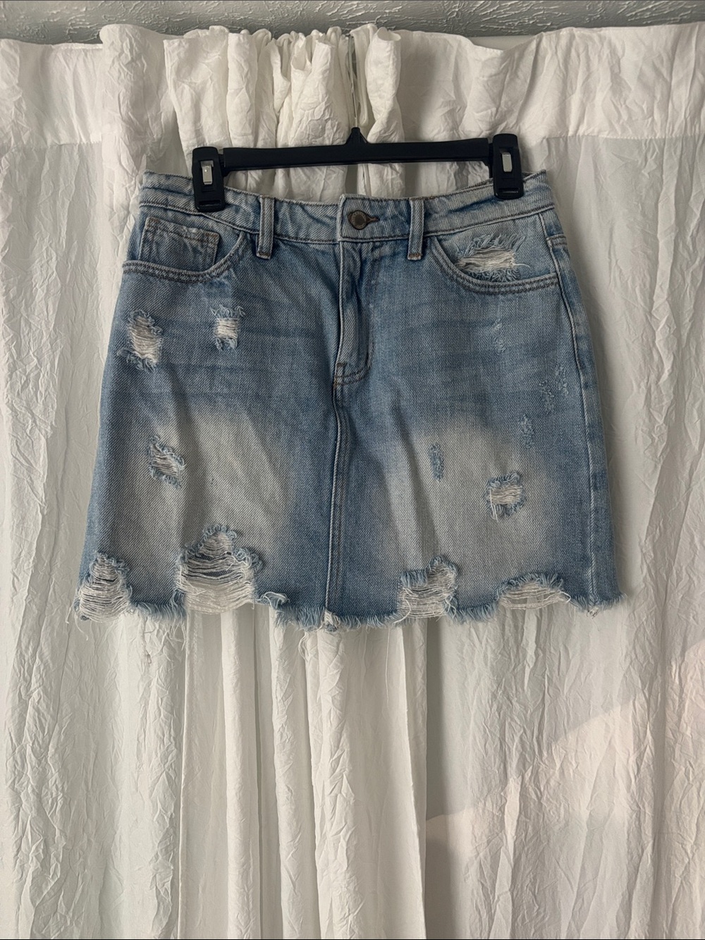 KanCan Light Wash Distressed Denim Mini Skirt